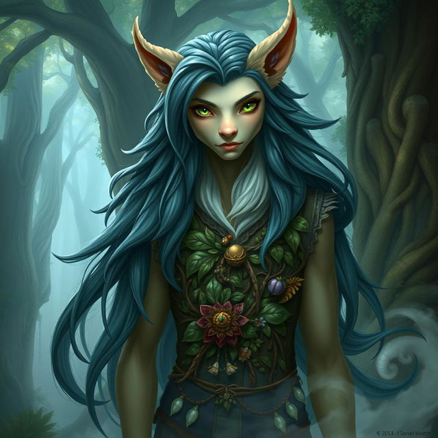 A detailed portrait of Kaus, a mystical creature with a blend of human and animal features, standing in a lush enchanted forest