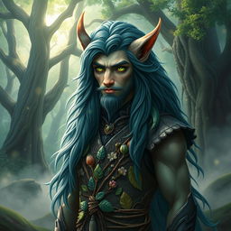 A detailed portrait of Kaus, a mystical creature with a blend of human and animal features, standing in a lush enchanted forest