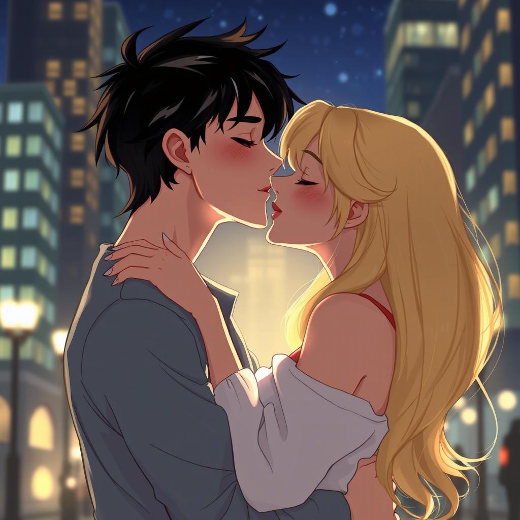 A 2D illustration depicting Jason Todd, a 26-year-old man with black hair and two white streaks in the front, kissing a 22-year-old woman with long, flowing blonde hair