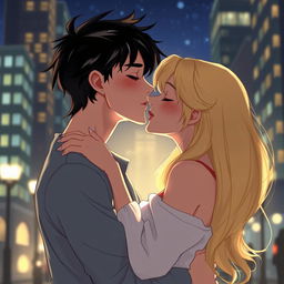 A 2D illustration depicting Jason Todd, a 26-year-old man with black hair and two white streaks in the front, kissing a 22-year-old woman with long, flowing blonde hair