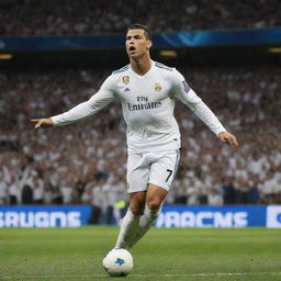 Cristiano Ronaldo sporting his Real Madrid kit, ready to take a powerful shot, in the famous Santiago Bernabeu Stadium filled with cheering fans.