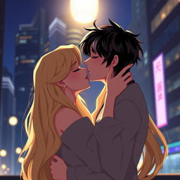 A 2D illustration depicting Jason Todd, a 26-year-old man with black hair and two white streaks in the front, kissing a 22-year-old woman with long, flowing blonde hair