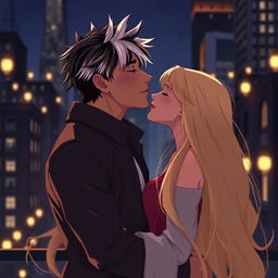 A 2D illustration depicting Jason Todd, a 26-year-old man with black hair and two white streaks in the front, kissing a 22-year-old woman with long, flowing blonde hair