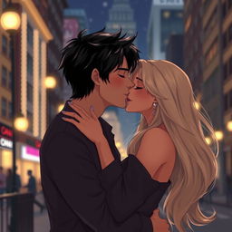 A 2D illustration depicting Jason Todd, a 26-year-old man with black hair and two white streaks in the front, kissing a 22-year-old woman with long, flowing blonde hair