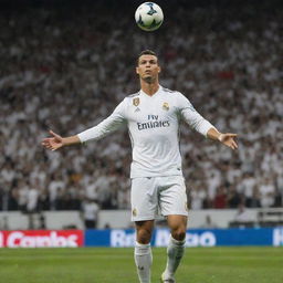 Cristiano Ronaldo sporting his Real Madrid kit, ready to take a powerful shot, in the famous Santiago Bernabeu Stadium filled with cheering fans.