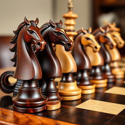 A beautifully crafted set of chess pieces featuring intricately detailed horse-shaped knights