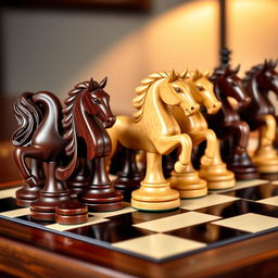 A beautifully crafted set of chess pieces featuring intricately detailed horse-shaped knights