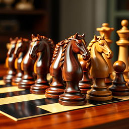 A beautifully crafted set of chess pieces featuring intricately detailed horse-shaped knights