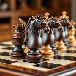 A beautifully crafted set of chess pieces featuring intricately detailed horse-shaped knights