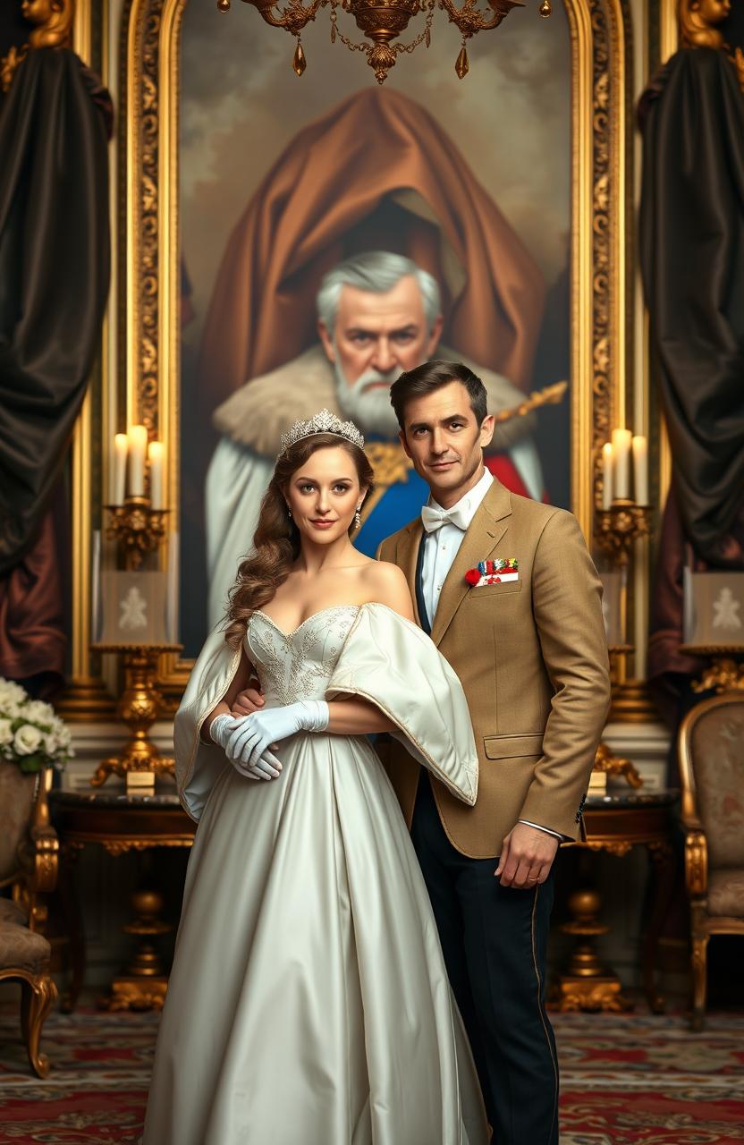 A couple, representing a husband and wife, standing together with a backdrop that emphasizes their royal connection