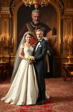 A couple, representing a husband and wife, standing together with a backdrop that emphasizes their royal connection