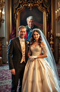 A couple, representing a husband and wife, standing together with a backdrop that emphasizes their royal connection