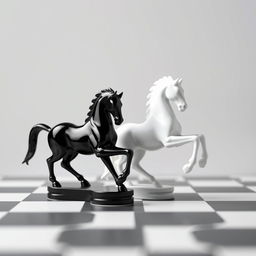 A minimalist design featuring a single black and white chess piece in the shape of a horse, showcasing detailed craftsmanship