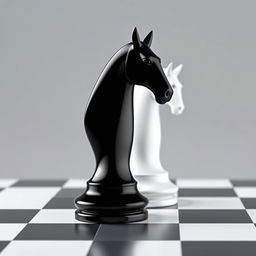 A minimalist design featuring a single black and white chess piece in the shape of a horse, showcasing detailed craftsmanship