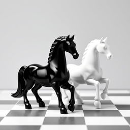 A minimalist design featuring a single black and white chess piece in the shape of a horse, showcasing detailed craftsmanship