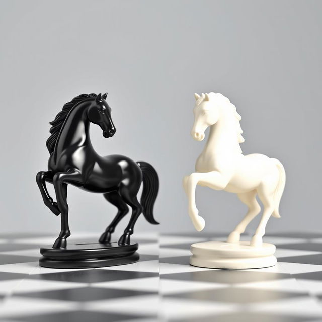 A minimalist design featuring a single black and white chess piece in the shape of a horse, showcasing detailed craftsmanship