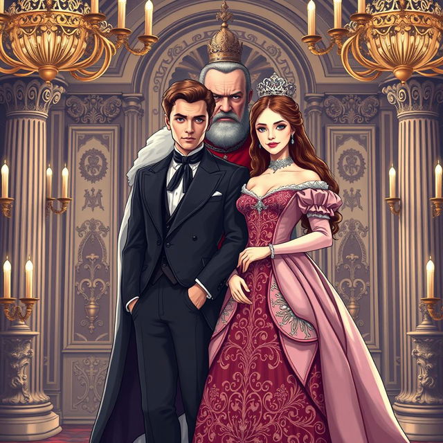 A novel cover illustration featuring a couple, embodying a husband and wife standing confidently together