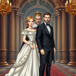 A novel cover illustration featuring a couple, embodying a husband and wife standing confidently together