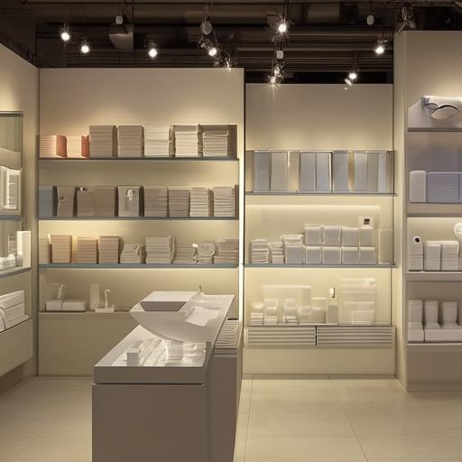 Design a well-organized, clean, and modern interior of a sanitary shop, showcasing variety of sanitary ware in a neat display with ample lighting.