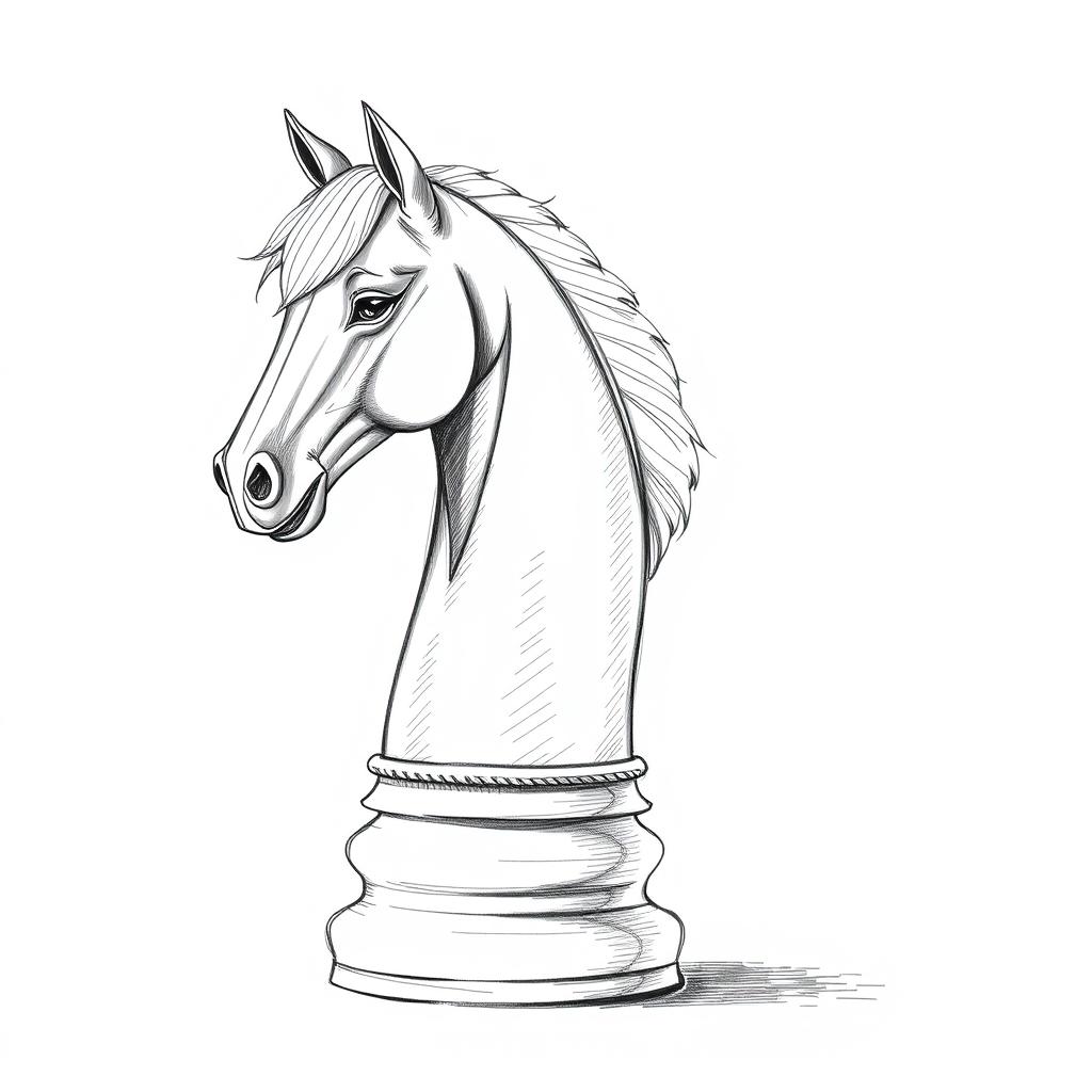 A detailed sketch illustration of a single horse chess piece, capturing its unique features and artistic details