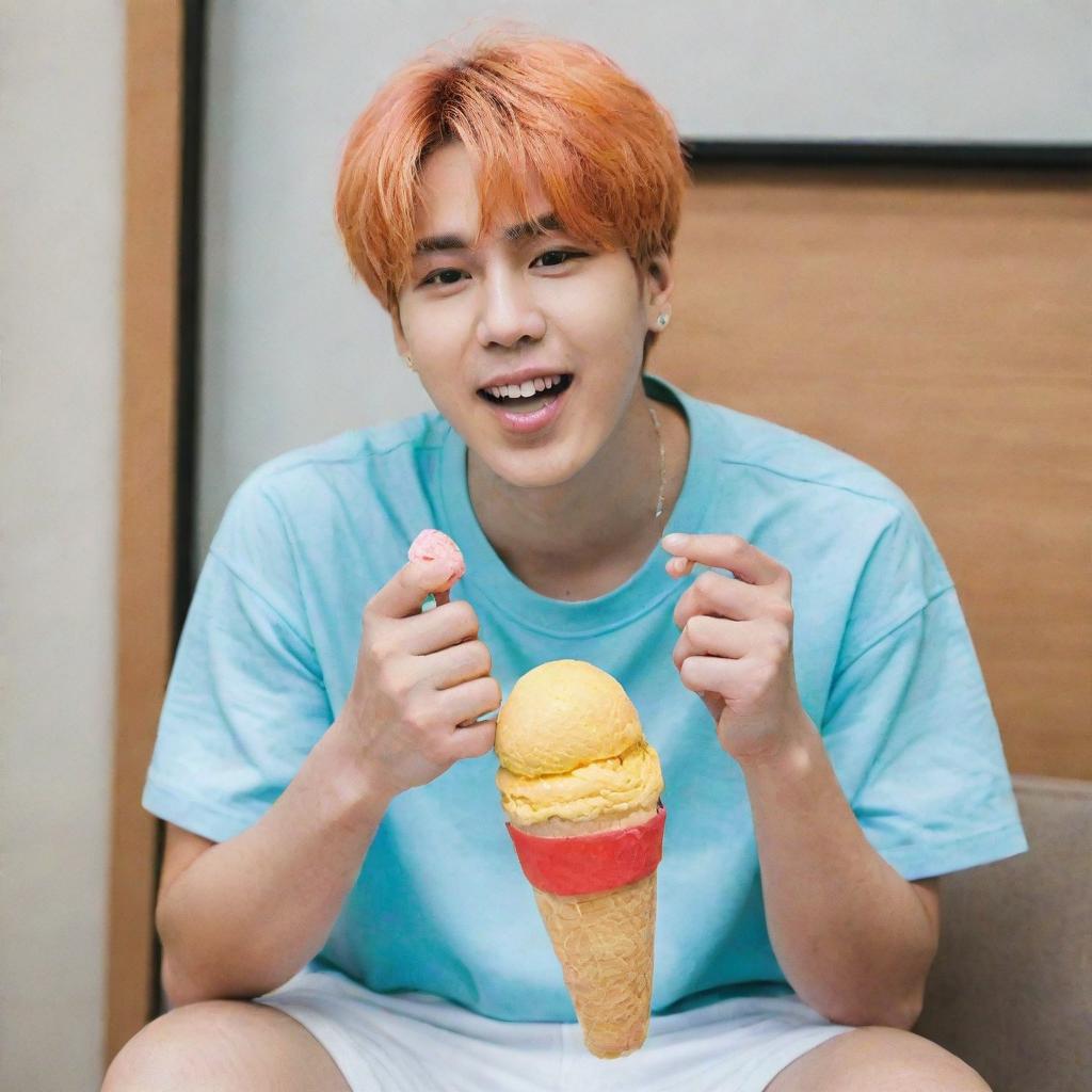 BTS's V, sitting comfortably, contentedly enjoying a scoop of radiant rainbow ice cream, his enjoyment clearly evident.