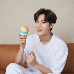 BTS's V, sitting comfortably, contentedly enjoying a scoop of radiant rainbow ice cream, his enjoyment clearly evident.