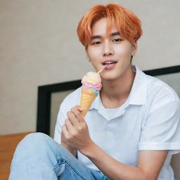 BTS's V, sitting comfortably, contentedly enjoying a scoop of radiant rainbow ice cream, his enjoyment clearly evident.