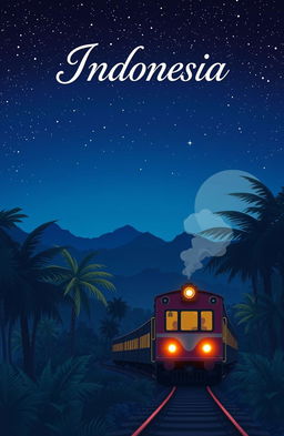 A novel cover themed around a nighttime train scene in Indonesia, illustrated in a simple anime style