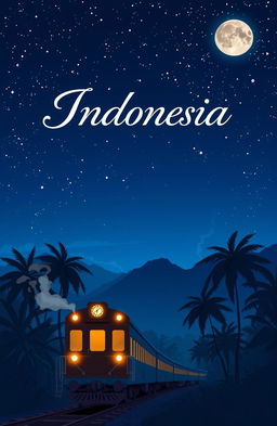 A novel cover themed around a nighttime train scene in Indonesia, illustrated in a simple anime style