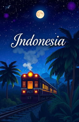 A novel cover themed around a nighttime train scene in Indonesia, illustrated in a simple anime style