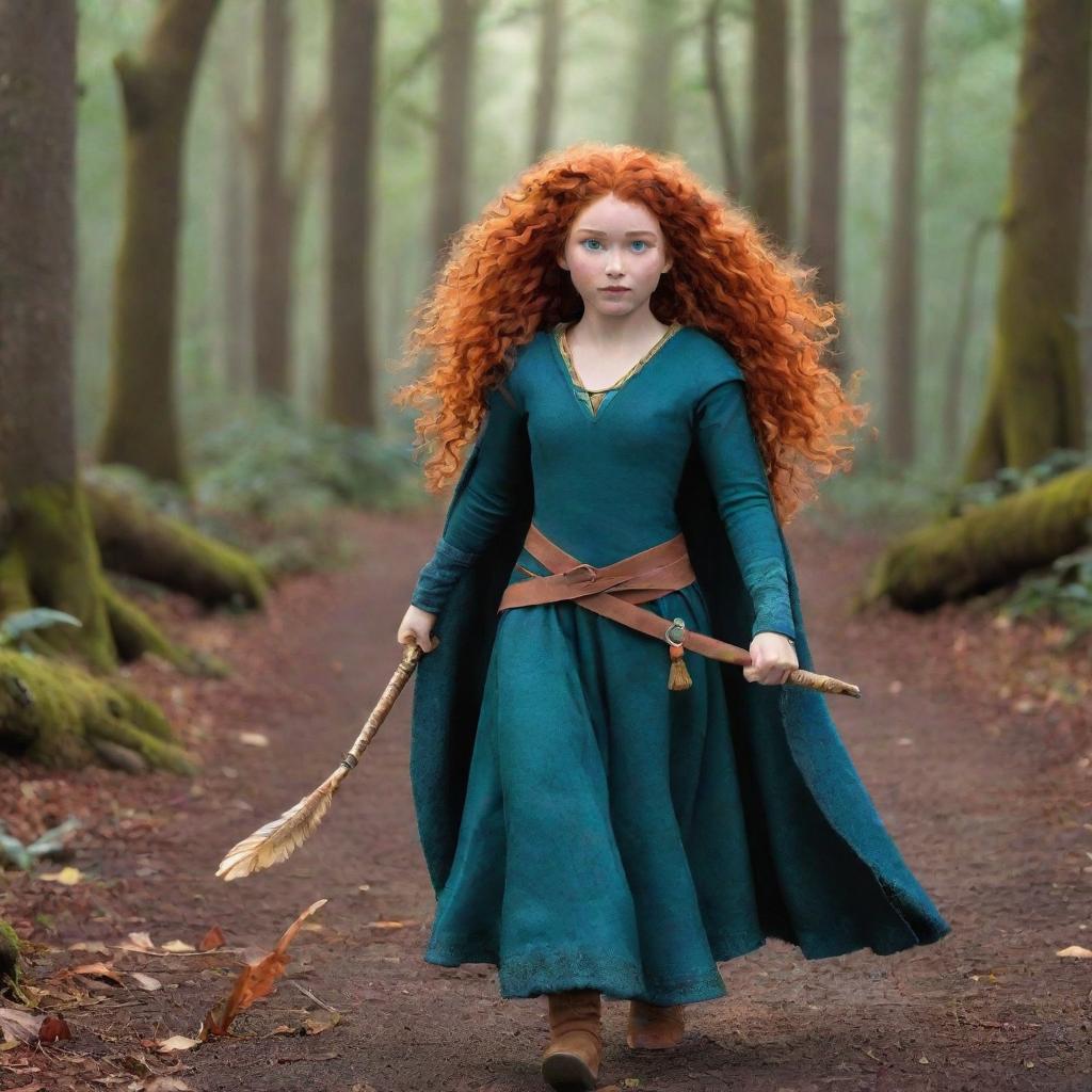 The cartoon character Merida from Brave, showcased in a beautifully designed costume adorned with feathers, enhancing her fierce and adventurous spirit.