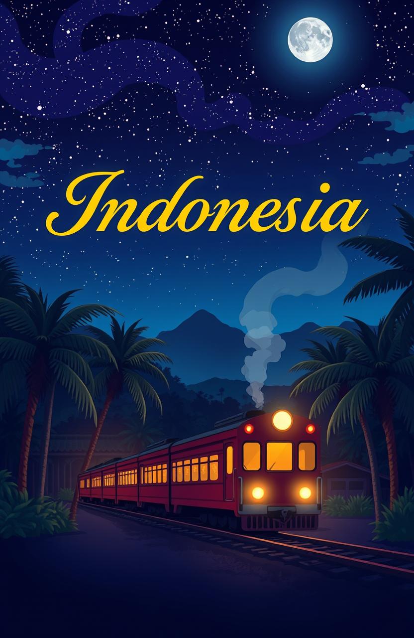 A novel cover themed around a nighttime train scene in Indonesia, illustrated in a simple anime style