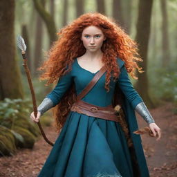 The cartoon character Merida from Brave, showcased in a beautifully designed costume adorned with feathers, enhancing her fierce and adventurous spirit.