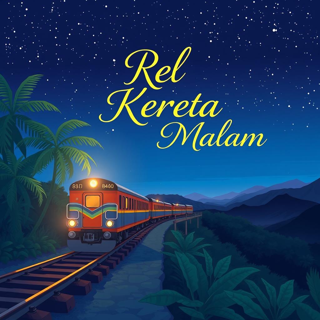 A novel cover themed around Indonesian train rails at night, illustrated in a simple Japanese anime style