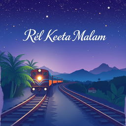 A novel cover themed around Indonesian train rails at night, illustrated in a simple Japanese anime style