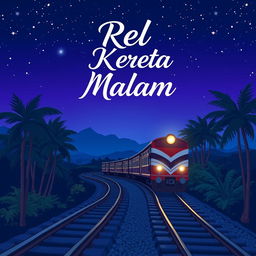 A novel cover themed around Indonesian train rails at night, illustrated in a simple Japanese anime style