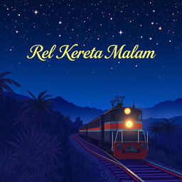 A novel cover themed around Indonesian train rails at night, illustrated in a simple Japanese anime style