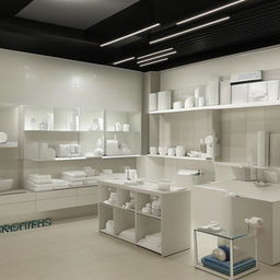 Design a well-organized, clean, and modern interior of a sanitary shop, showcasing variety of sanitary ware in a neat display with ample lighting.