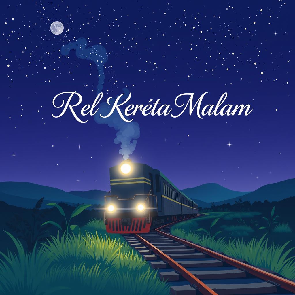 A novel cover themed around Indonesian train rails at night, illustrated in a simple Japanese anime style