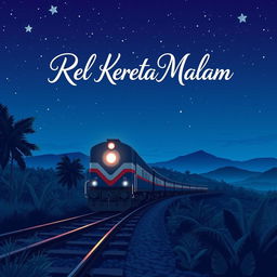 A novel cover themed around Indonesian train rails at night, illustrated in a simple Japanese anime style