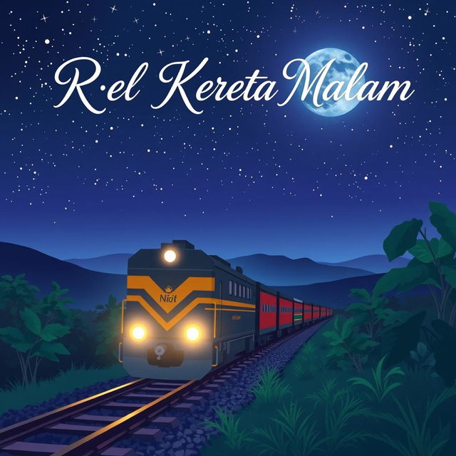 A novel cover themed around Indonesian train rails at night, illustrated in a simple Japanese anime style