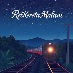 A novel cover themed around Indonesian train rails at night, illustrated in a simple Japanese anime style