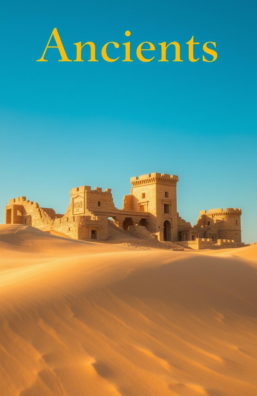 An ancient Egyptian castle in ruins, half-buried in golden sand dunes, under a bright blue sky