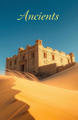 An ancient Egyptian castle in ruins, half-buried in golden sand dunes, under a bright blue sky