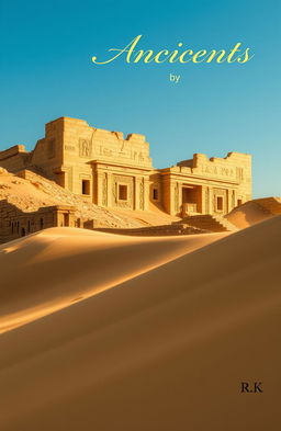 An ancient Egyptian castle in ruins, half-buried in golden sand dunes, under a bright blue sky