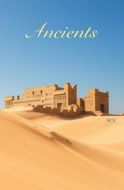 An ancient Egyptian castle in ruins, half-buried in golden sand dunes, under a bright blue sky