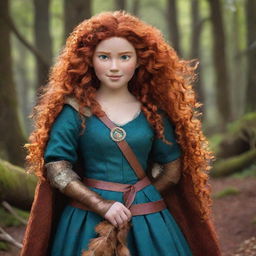 The cartoon character Merida from Brave, showcased in a beautifully designed costume adorned with feathers, enhancing her fierce and adventurous spirit.