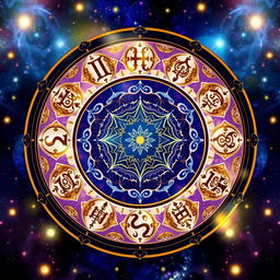 A beautifully designed circle divided into 9 equal sections, each uniquely decorated with intricate astrology and numerology symbols