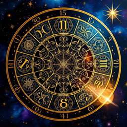 A beautifully designed circle divided into 9 equal sections, each uniquely decorated with intricate astrology and numerology symbols