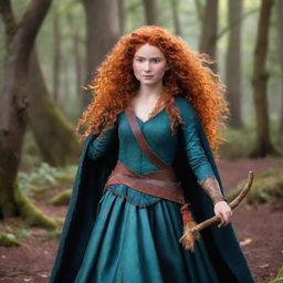 The cartoon character Merida from Brave, showcased in a beautifully designed costume adorned with feathers, enhancing her fierce and adventurous spirit.